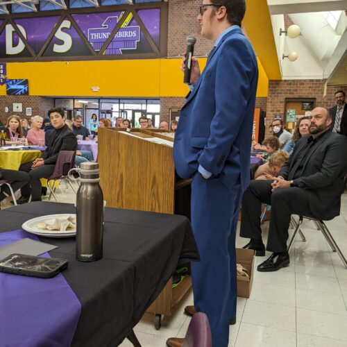 Giving a passionate speech around the important of keeping music in your lives.